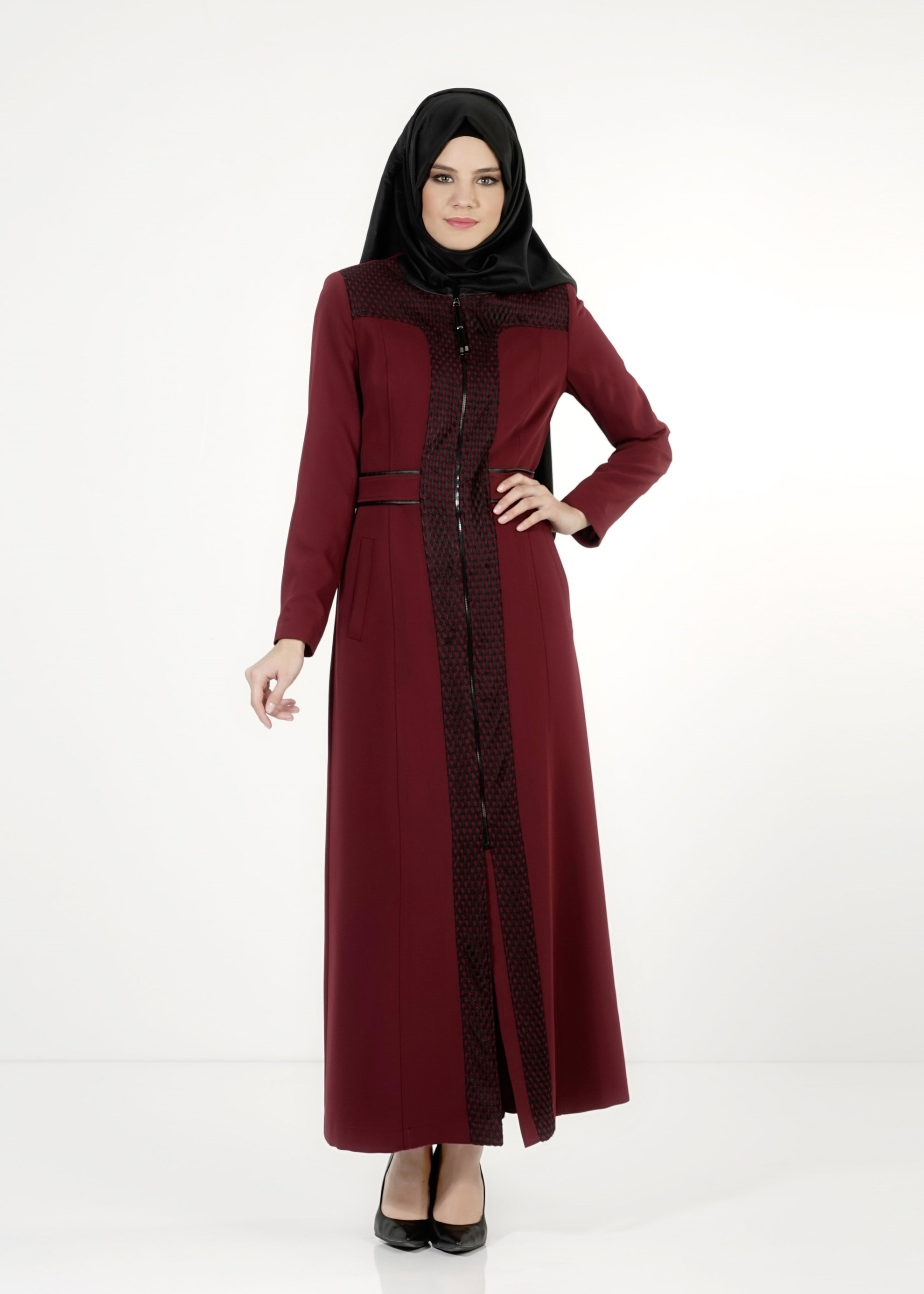 Tesettür giyim BORDO FERMUARLI PARDESÜ 1630 