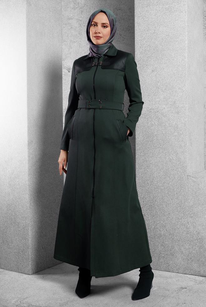 Vêtements hijab VERT PARDESSUS ZIPPÉ AGRAFE À DEVANT 1635  - ALVİNA