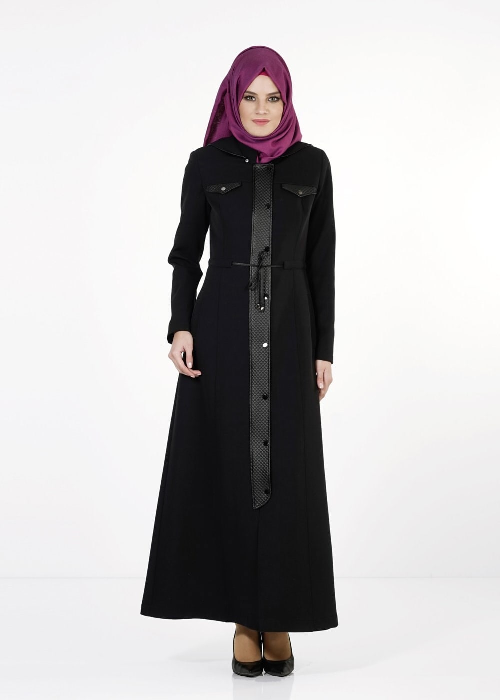 Tesettür giyim SİYAH DERİ DETAYLI PARDESÜ 1650 