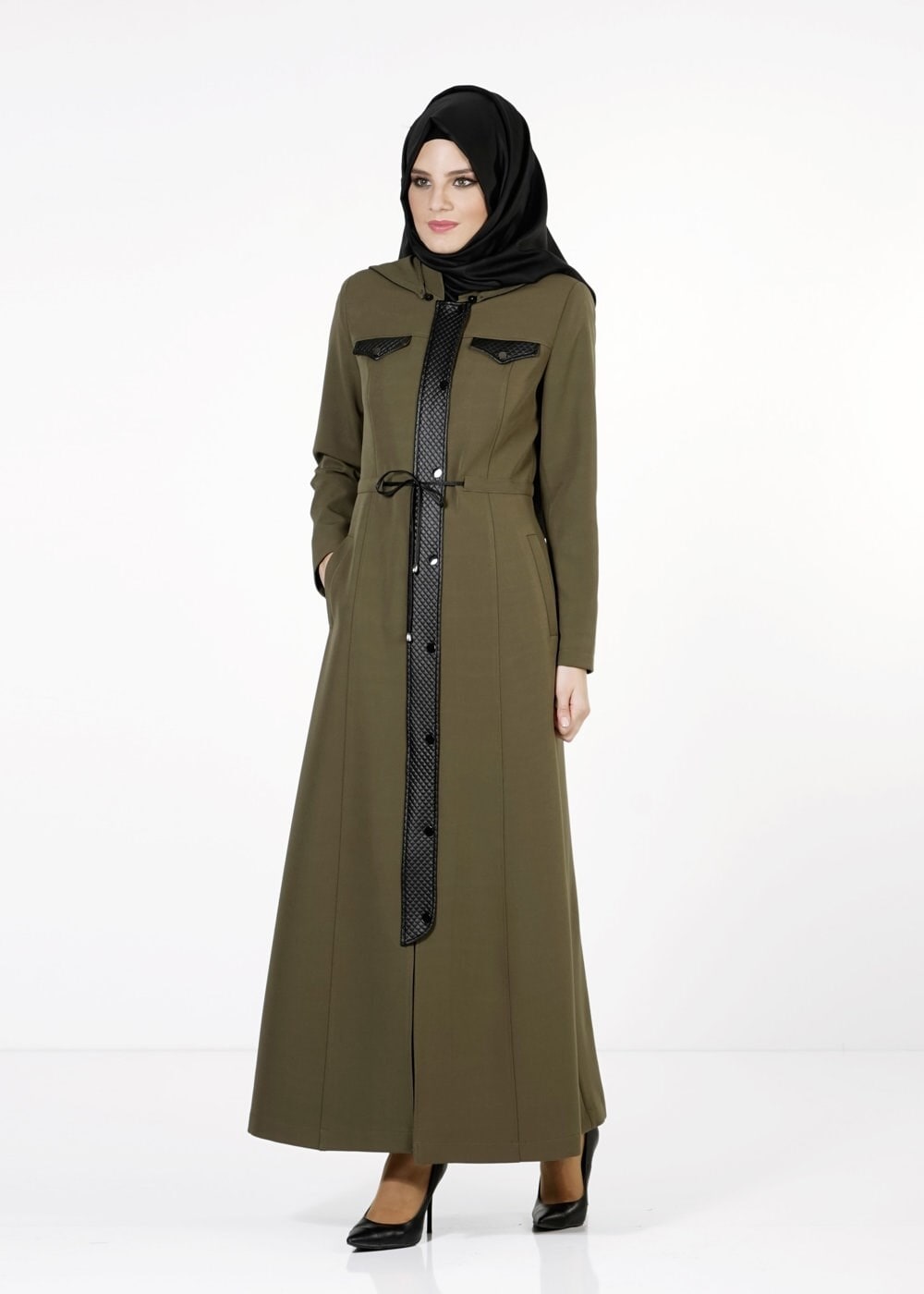 Tesettür giyim HAKİ DERİ DETAYLI PARDESÜ 1650 