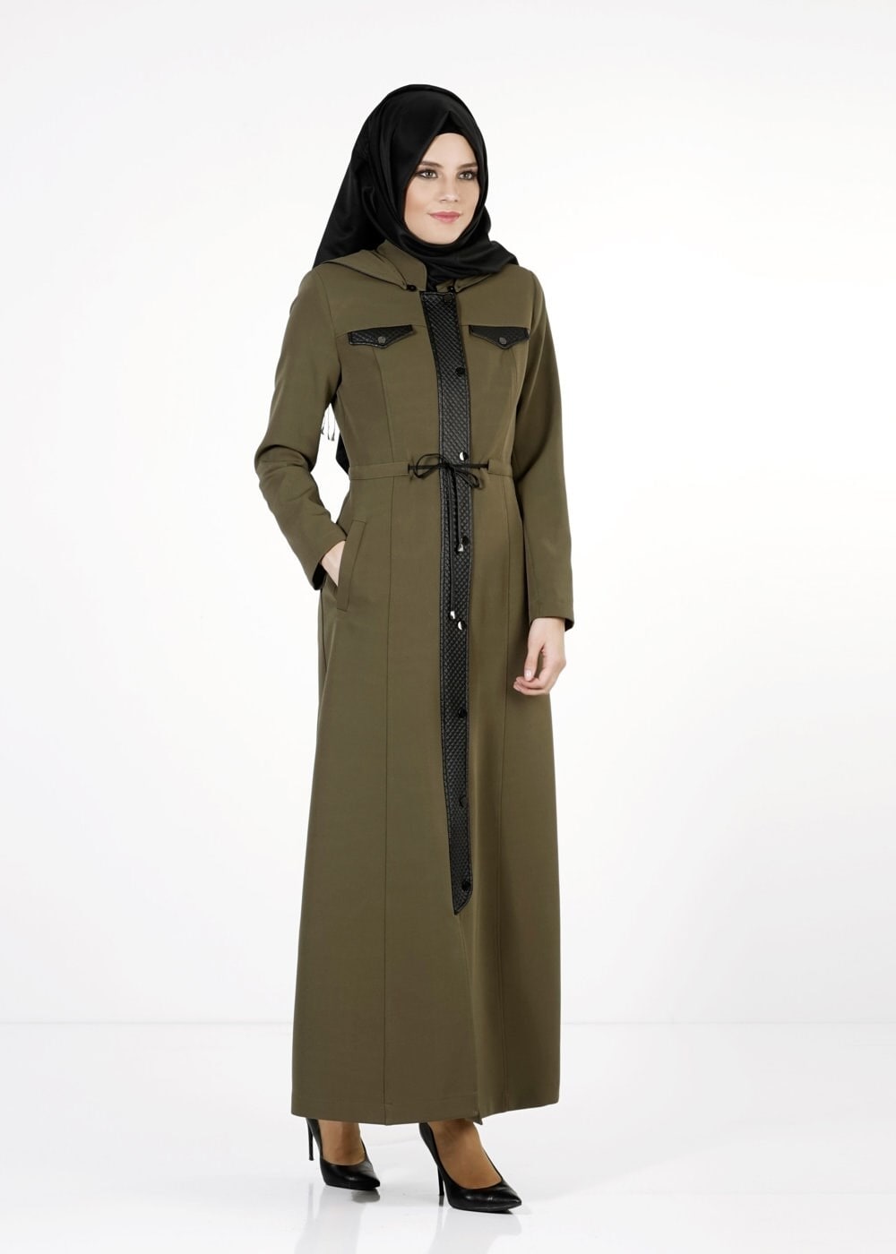 Tesettür giyim HAKİ DERİ DETAYLI PARDESÜ 1650 