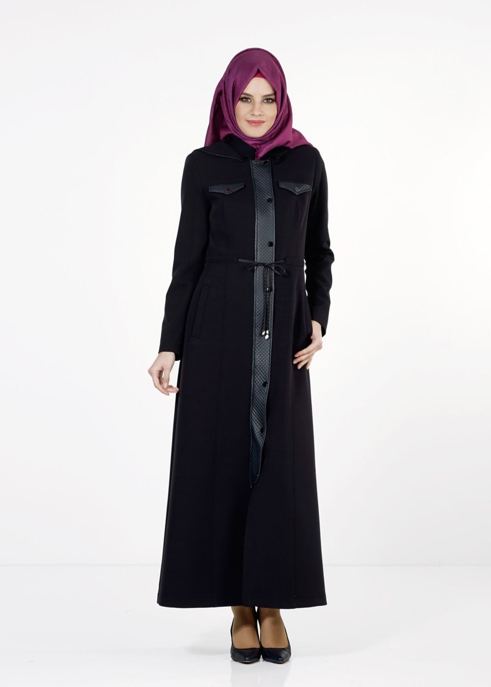 Tesettür giyim LACİVERT DERİ DETAYLI PARDESÜ 1650 