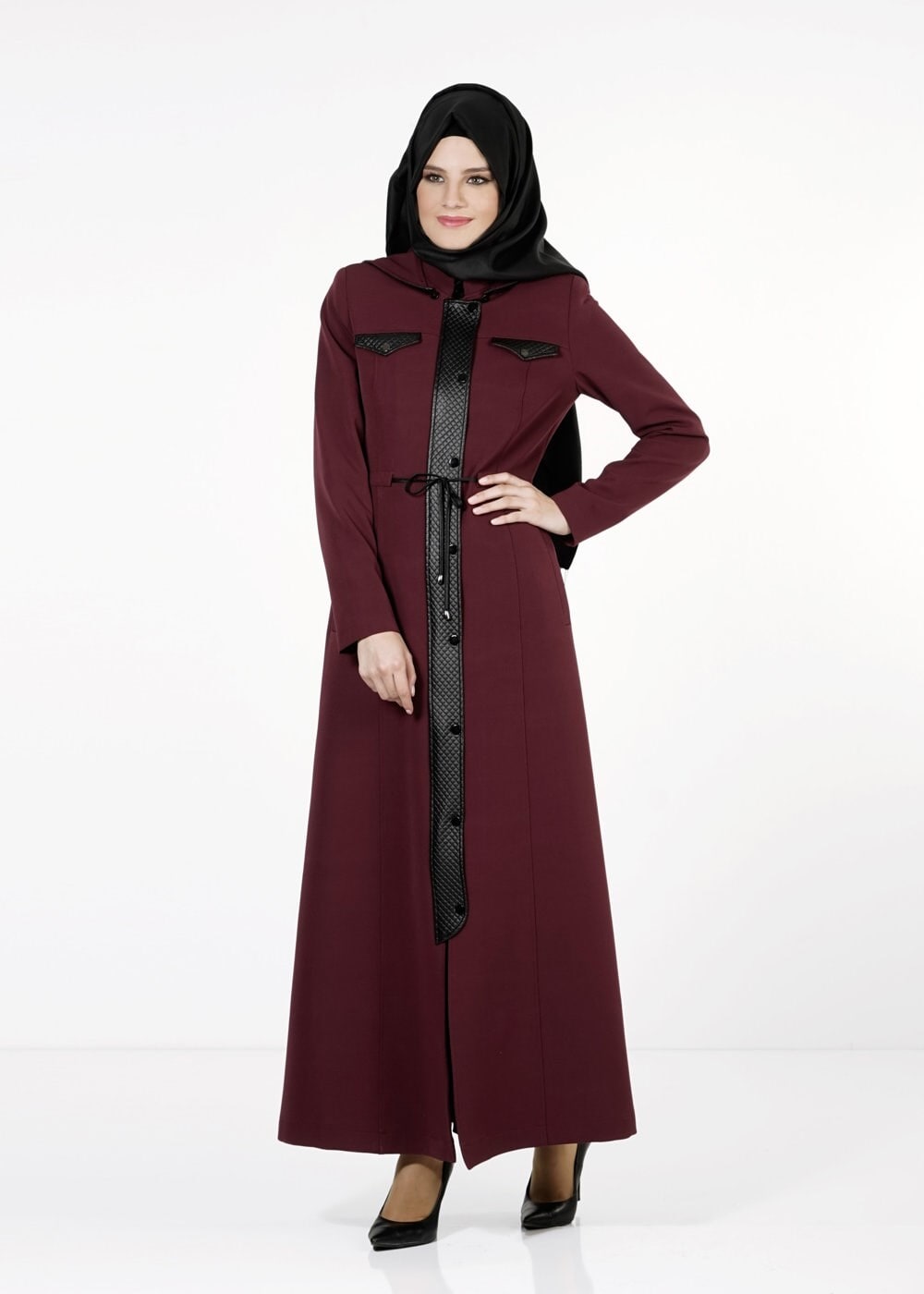Tesettür giyim BORDO DERİ DETAYLI PARDESÜ 1650 