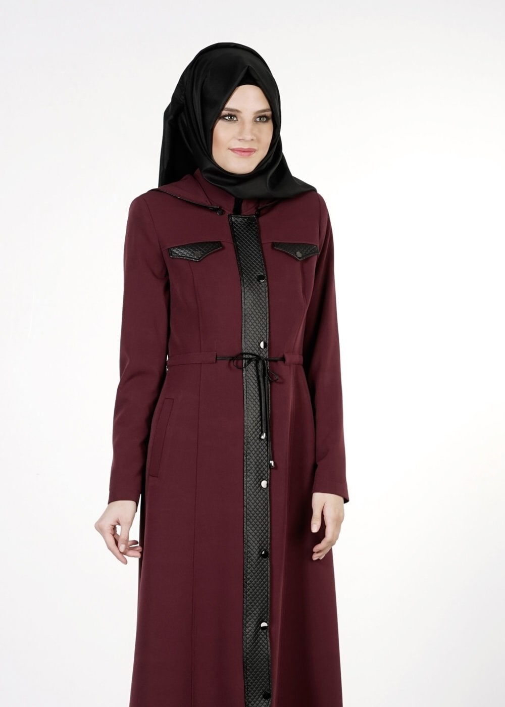 Tesettür giyim BORDO DERİ DETAYLI PARDESÜ 1650 