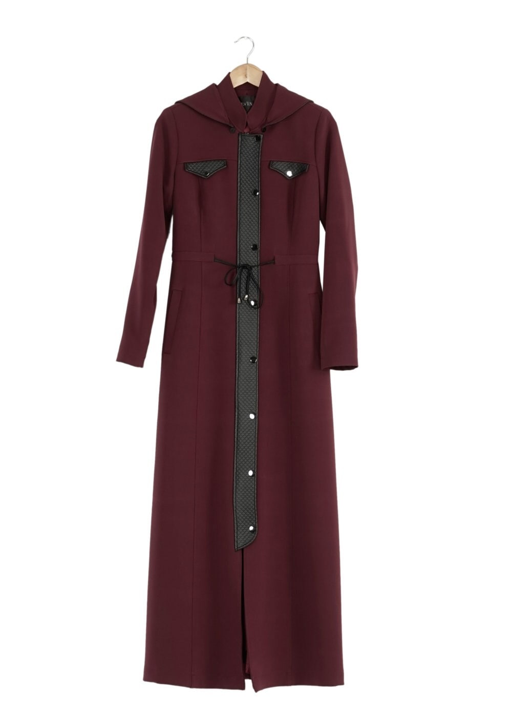 Tesettür giyim BORDO DERİ DETAYLI PARDESÜ 1650 