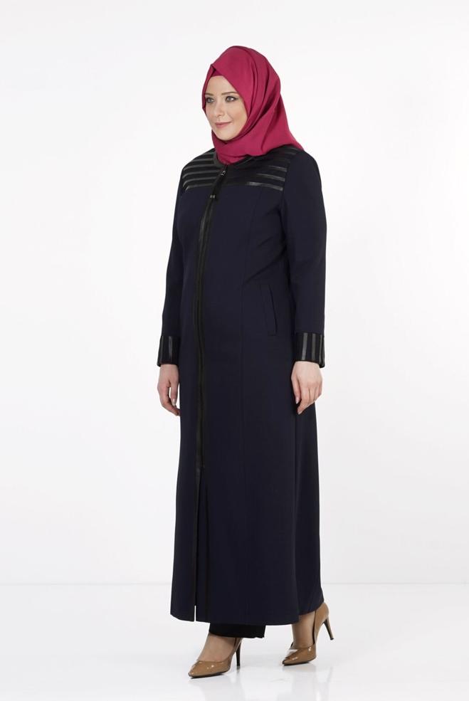 Tesettür giyim LACİVERT DERİ DETAYLI FERMUARLI PARDESÜ 1655  - ALVİNA