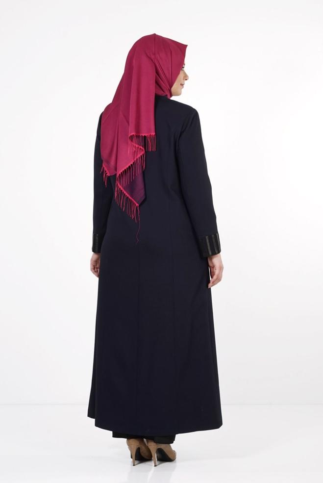 Tesettür giyim LACİVERT DERİ DETAYLI FERMUARLI PARDESÜ 1655  - ALVİNA