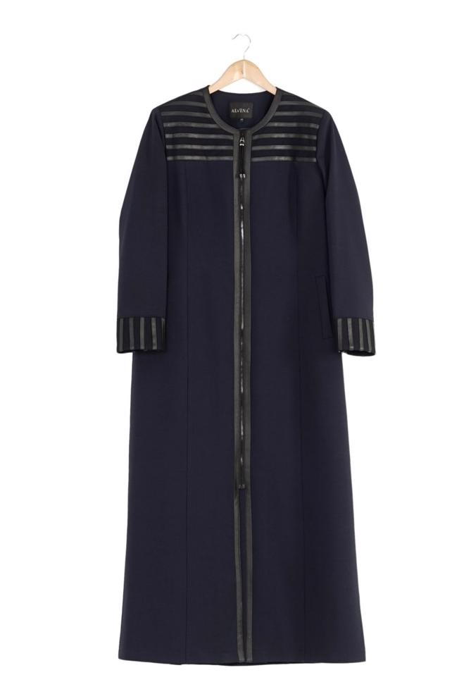 Tesettür giyim LACİVERT DERİ DETAYLI FERMUARLI PARDESÜ 1655  - ALVİNA