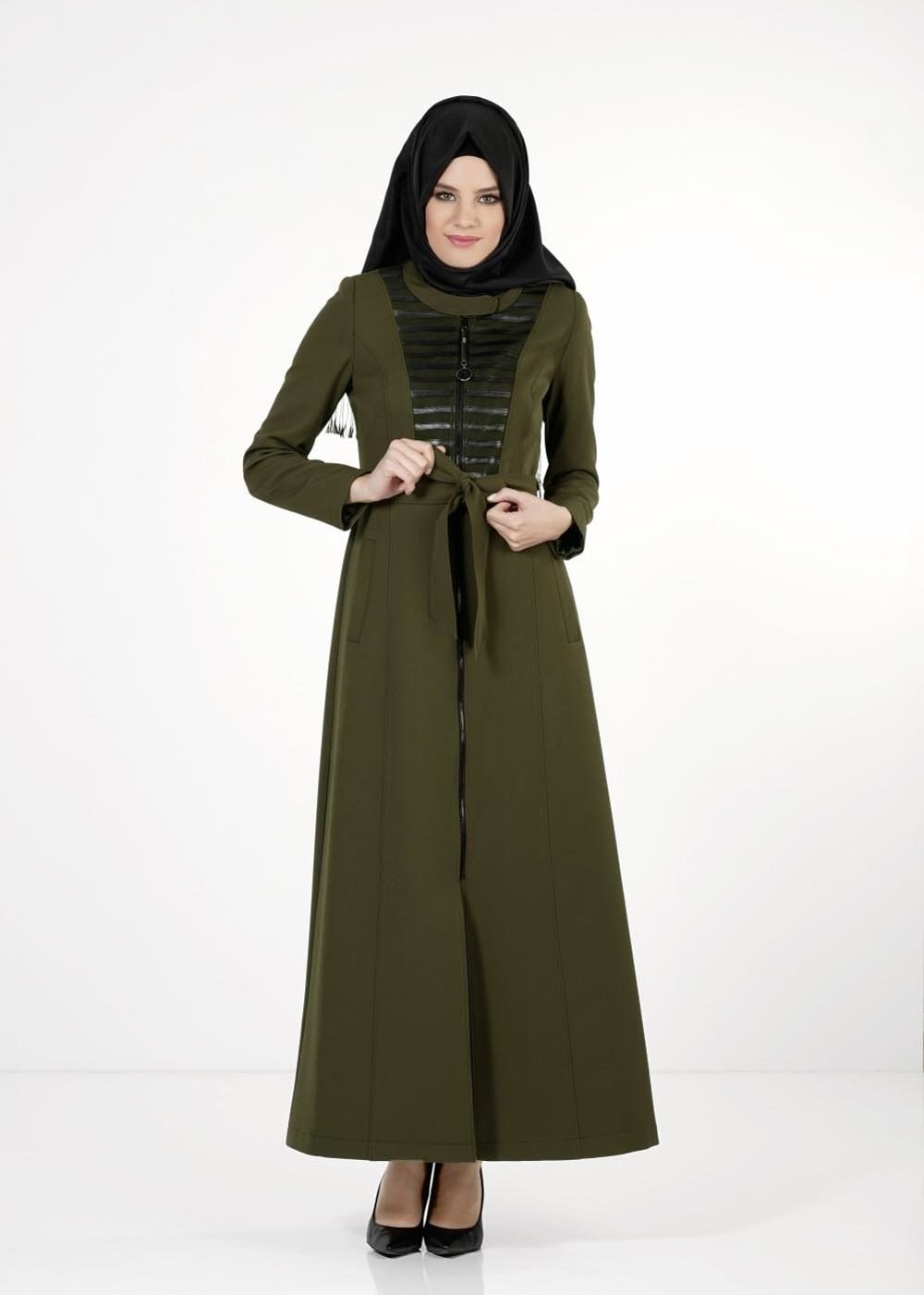 Tesettür giyim HAKİ KUŞAKLI FERMUARLI PARDESÜ 1658 