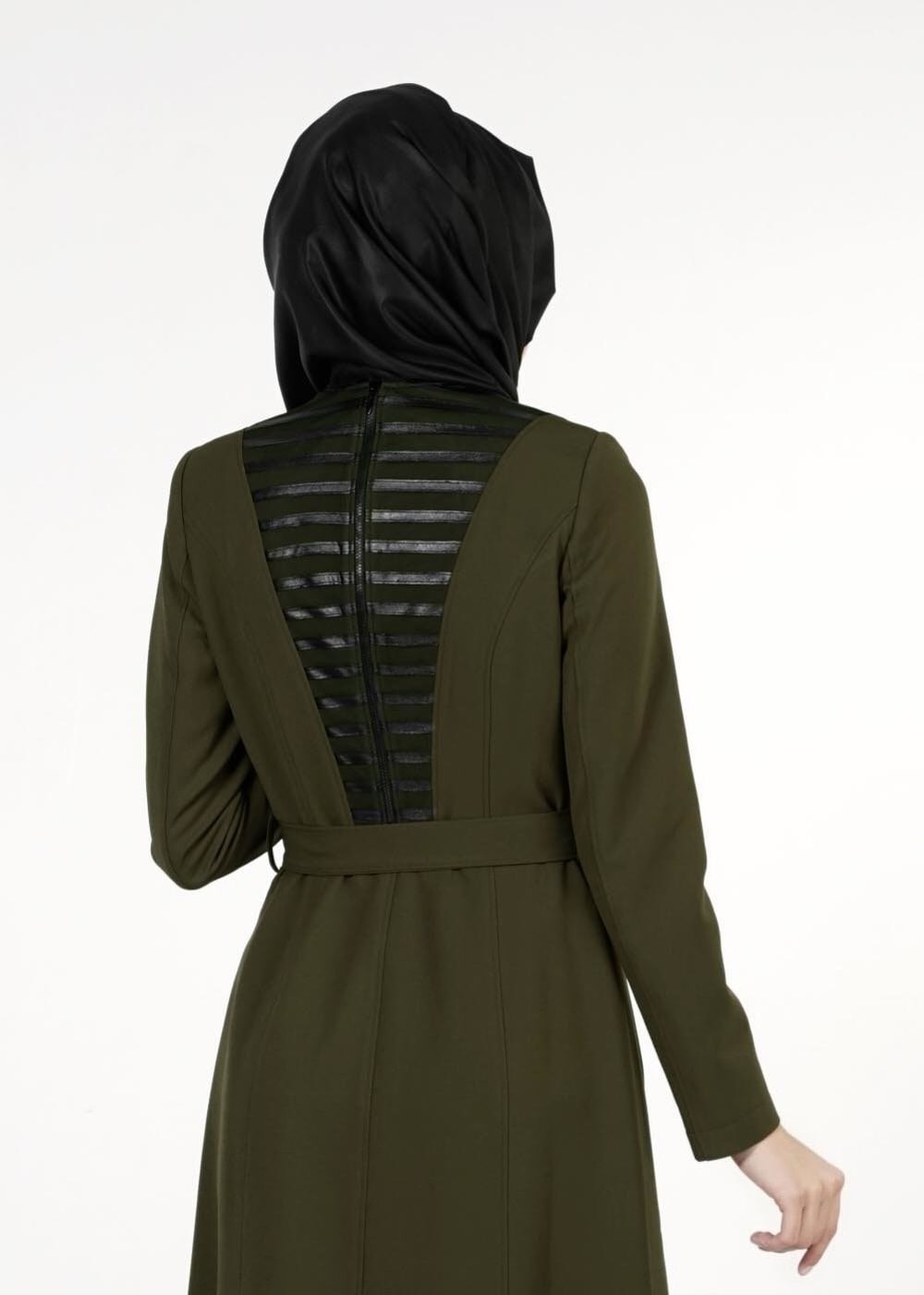Tesettür giyim HAKİ KUŞAKLI FERMUARLI PARDESÜ 1658 