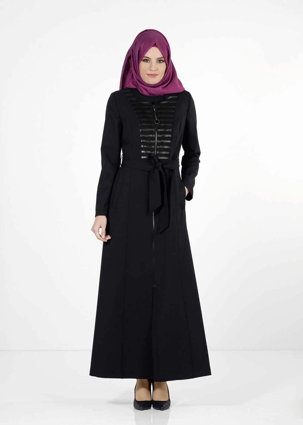 Tesettür giyim LACİVERT KUŞAKLI FERMUARLI PARDESÜ 1658 