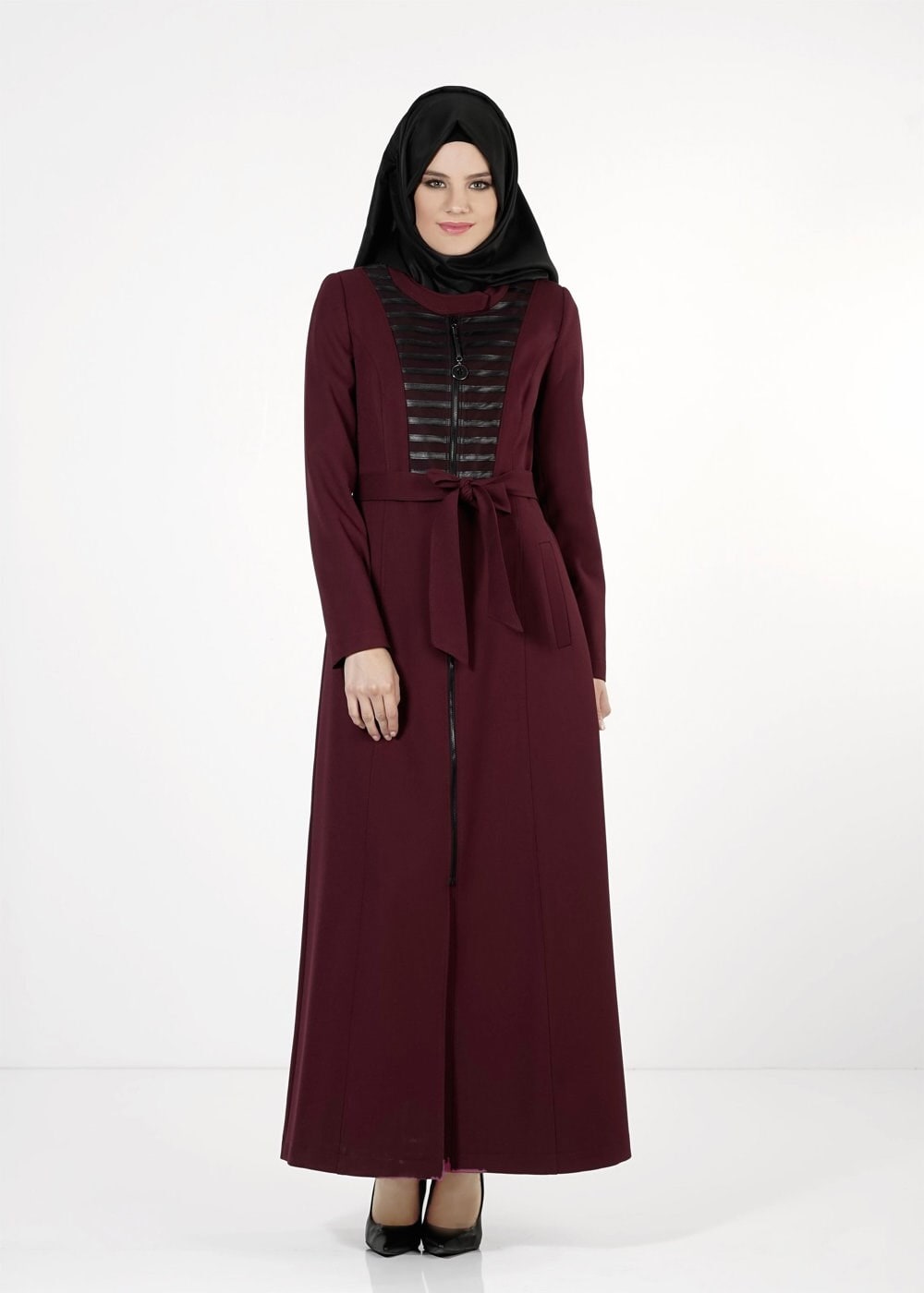 Tesettür giyim MÜRDÜM KUŞAKLI FERMUARLI PARDESÜ 1658 