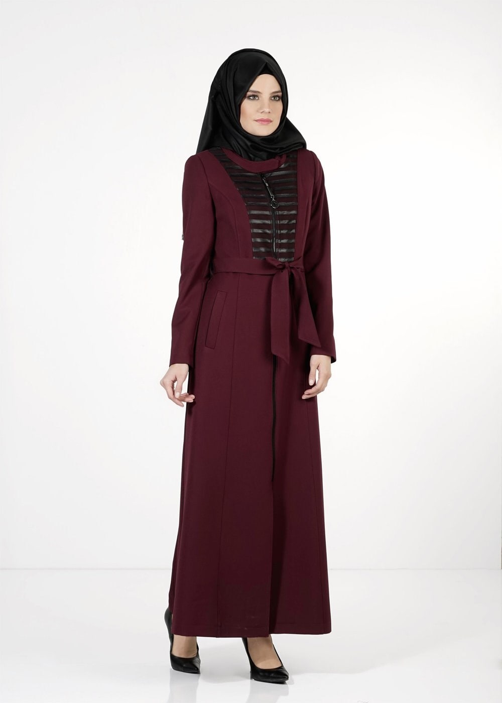 Tesettür giyim MÜRDÜM KUŞAKLI FERMUARLI PARDESÜ 1658 