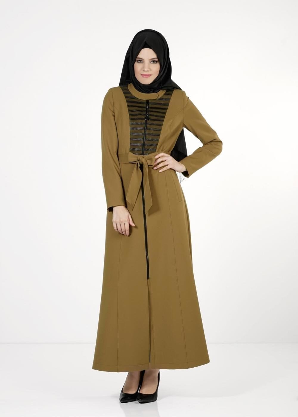 Tesettür giyim KAHVE KUŞAKLI FERMUARLI PARDESÜ 1658 