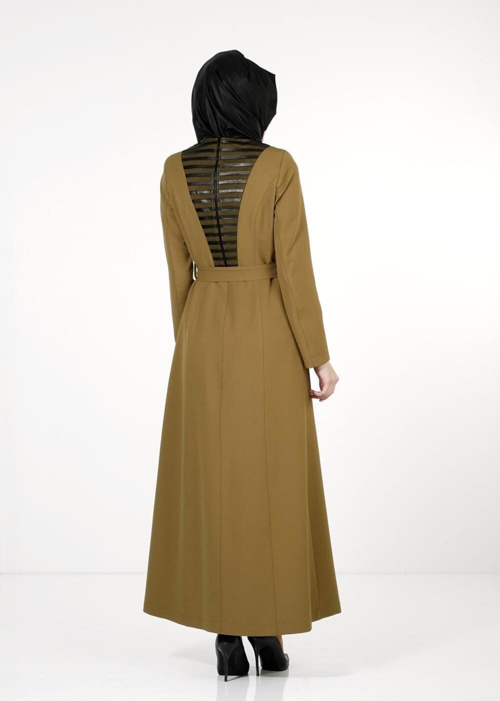 Tesettür giyim KAHVE KUŞAKLI FERMUARLI PARDESÜ 1658 