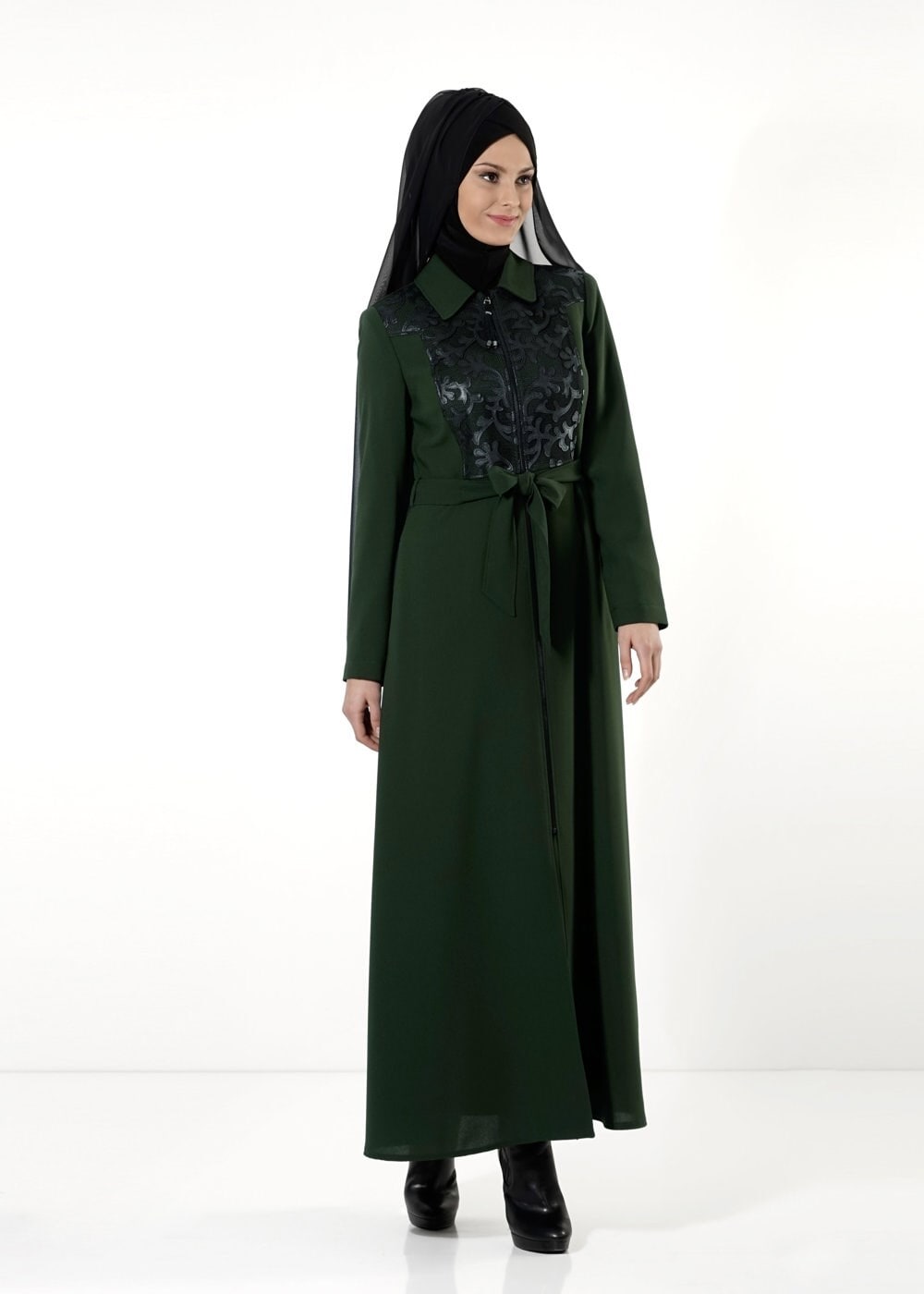 Tesettür giyim YEŞİL DERİ DETAYLI PARDESÜ 1659 