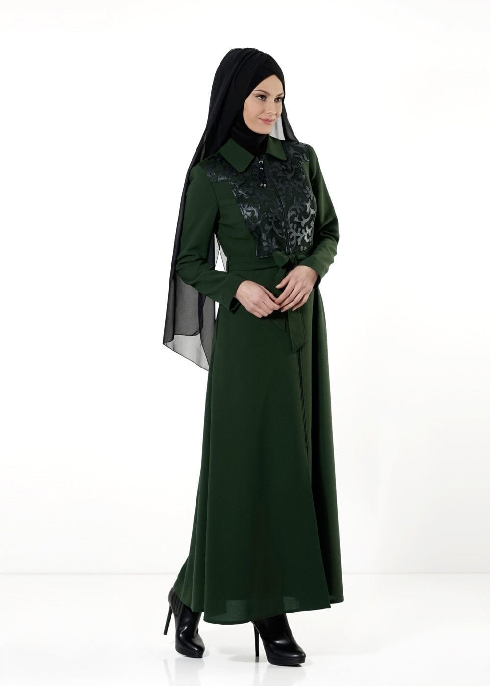 Tesettür giyim YEŞİL DERİ DETAYLI PARDESÜ 1659 