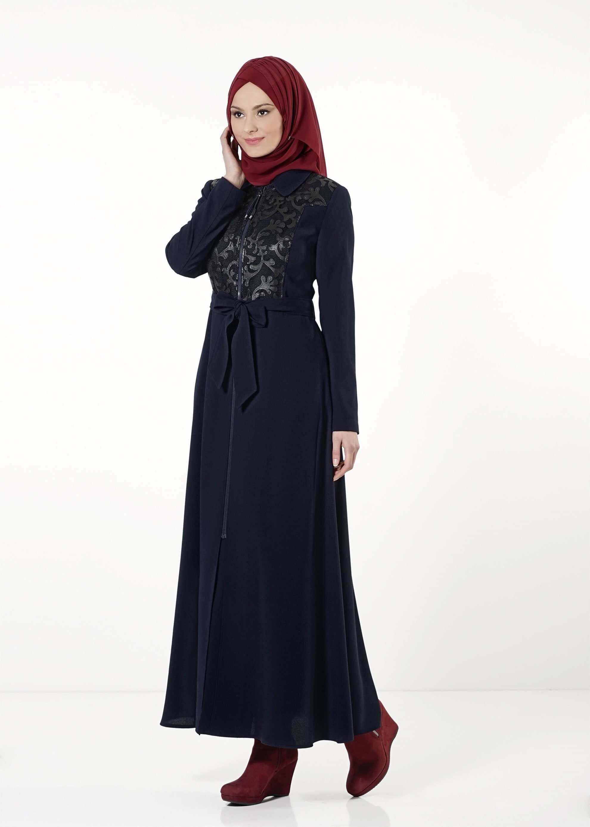 Tesettür giyim LACİVERT DERİ DETAYLI PARDESÜ 1659 