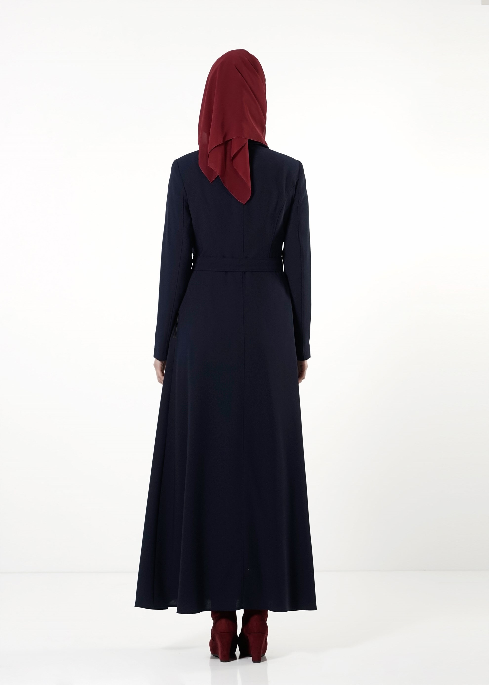 Tesettür giyim LACİVERT DERİ DETAYLI PARDESÜ 1659 