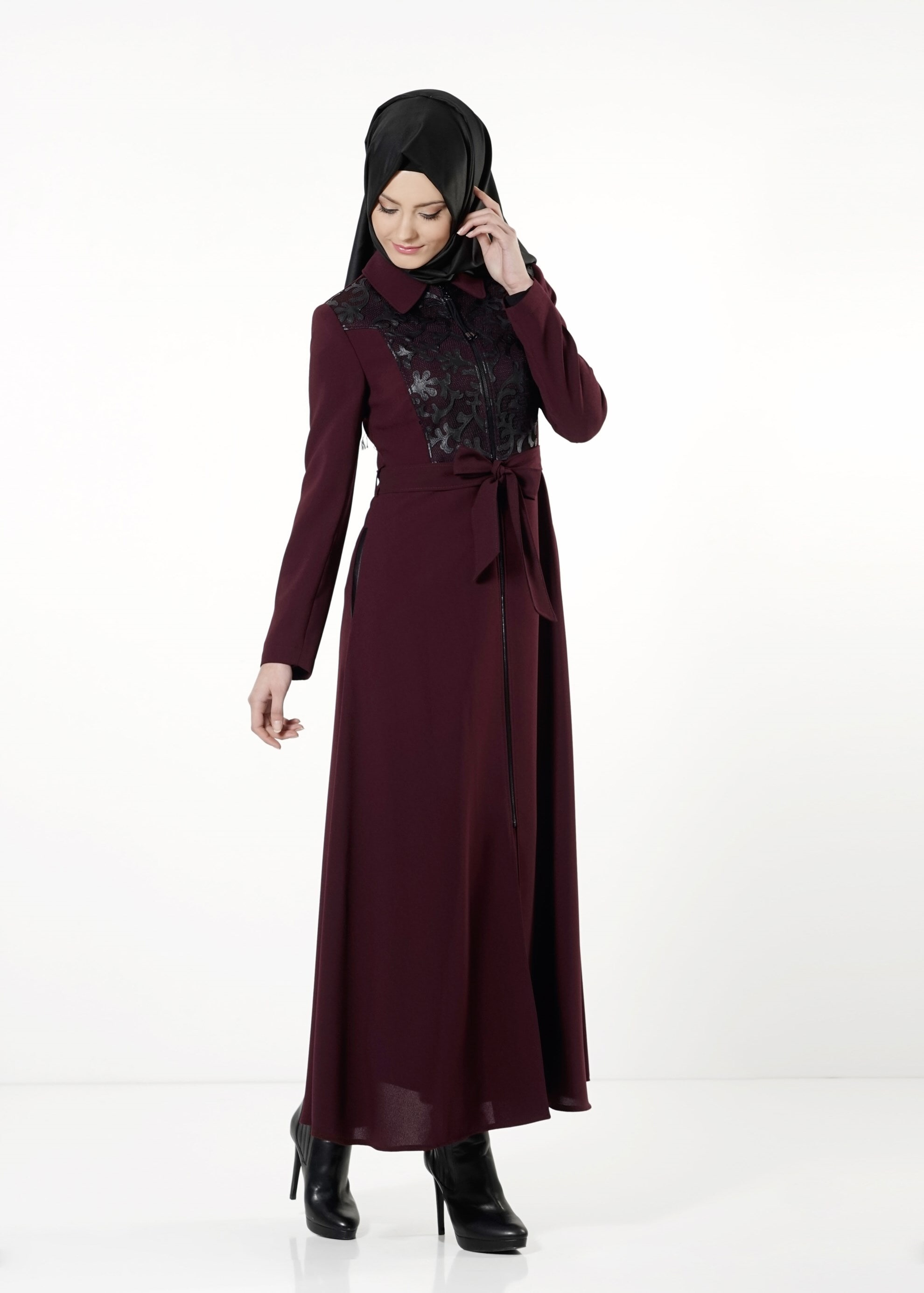 Tesettür giyim MÜRDÜM DERİ DETAYLI PARDESÜ 1659 