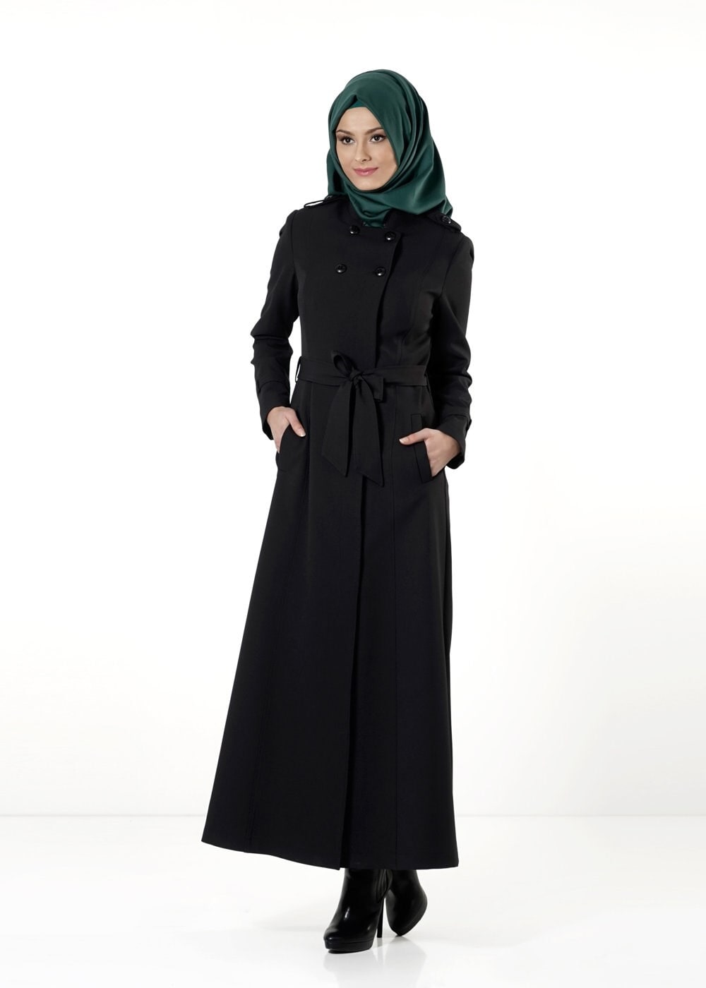 Tesettür giyim SİYAH DÜĞMELİ KUŞAKLI PARDESÜ 1660 