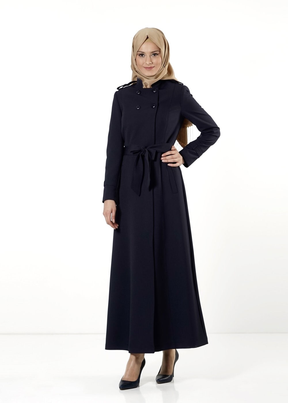 Tesettür giyim LACİVERT DÜĞMELİ KUŞAKLI PARDESÜ 1660 
