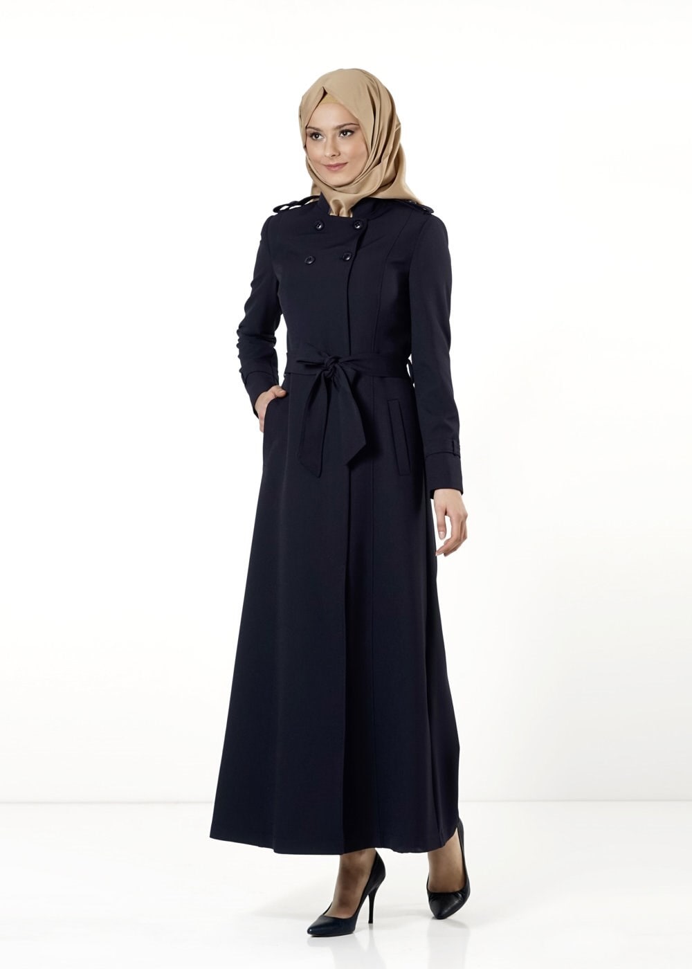 Tesettür giyim LACİVERT DÜĞMELİ KUŞAKLI PARDESÜ 1660 