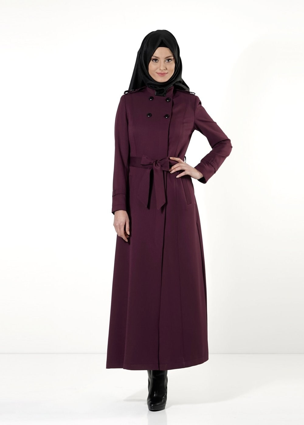 Tesettür giyim MÜRDÜM DÜĞMELİ KUŞAKLI PARDESÜ 1660 