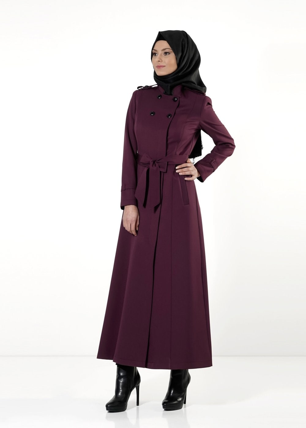 Tesettür giyim MÜRDÜM DÜĞMELİ KUŞAKLI PARDESÜ 1660 