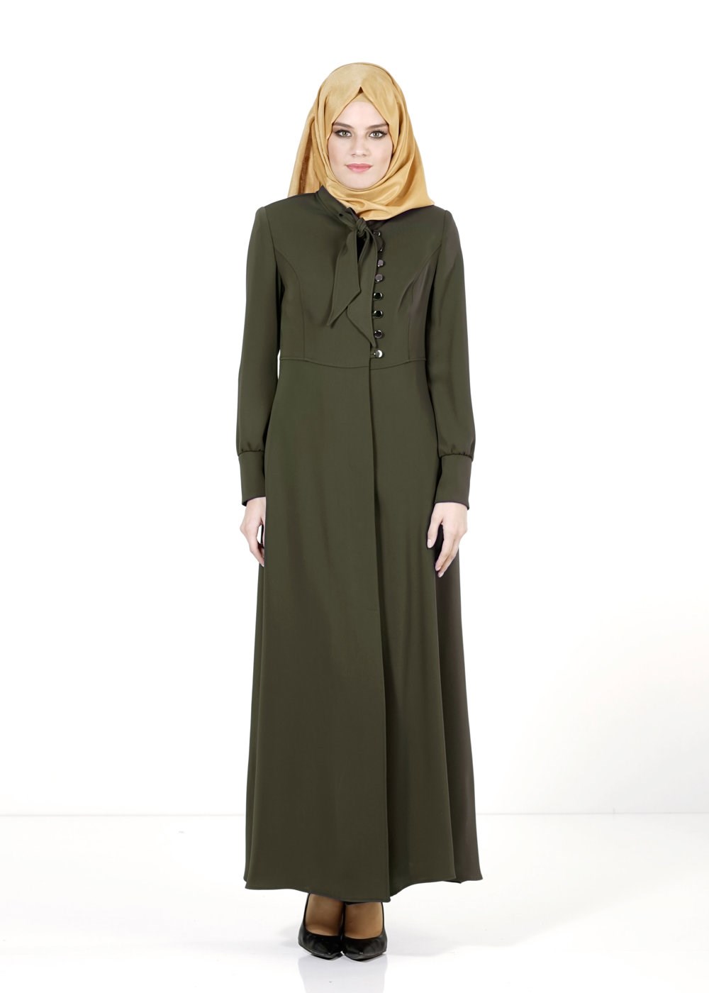 Tesettür giyim HAKİ YAKASI BAĞLAMA DETAYLI DÜĞMELİ PARDESÜ 1665 