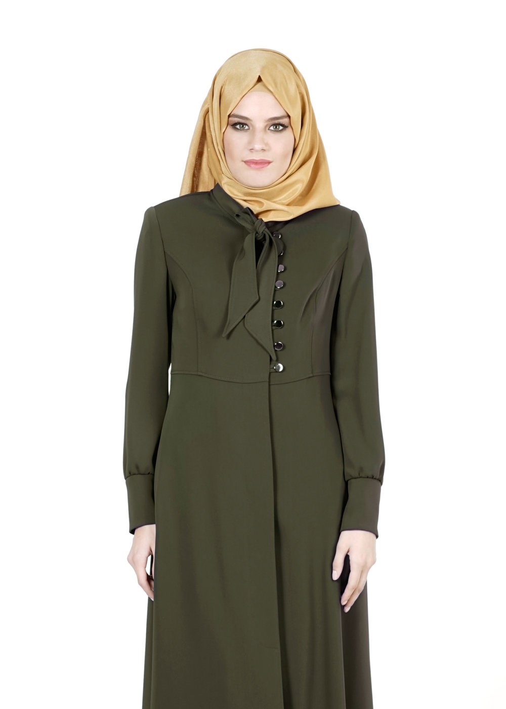 Tesettür giyim HAKİ YAKASI BAĞLAMA DETAYLI DÜĞMELİ PARDESÜ 1665 