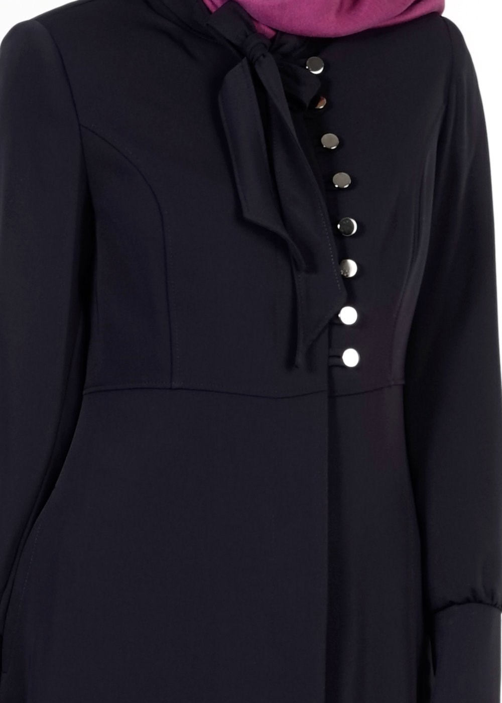 Tesettür giyim LACİVERT YAKASI BAĞLAMA DETAYLI DÜĞMELİ PARDESÜ 1665 