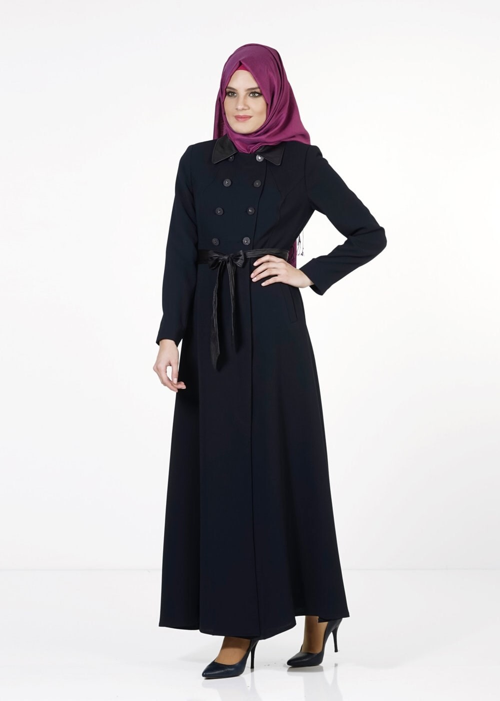 Tesettür giyim LACİVERT KUŞAKLI DÜĞMELİ PARDESÜ 1667 