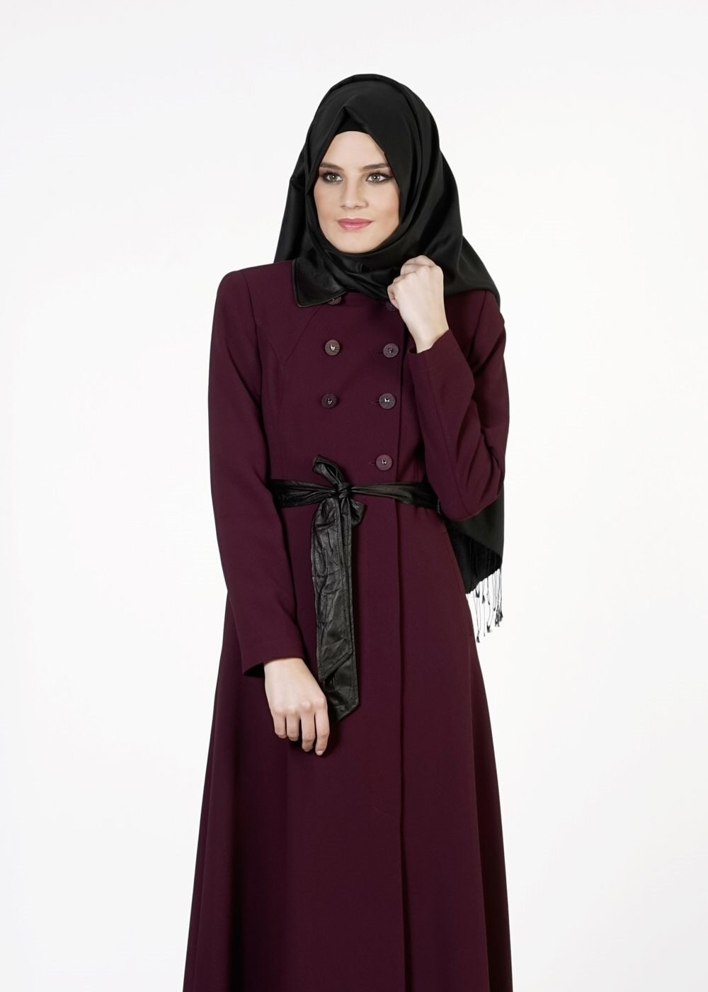 Tesettür giyim MÜRDÜM KUŞAKLI DÜĞMELİ PARDESÜ 1667 