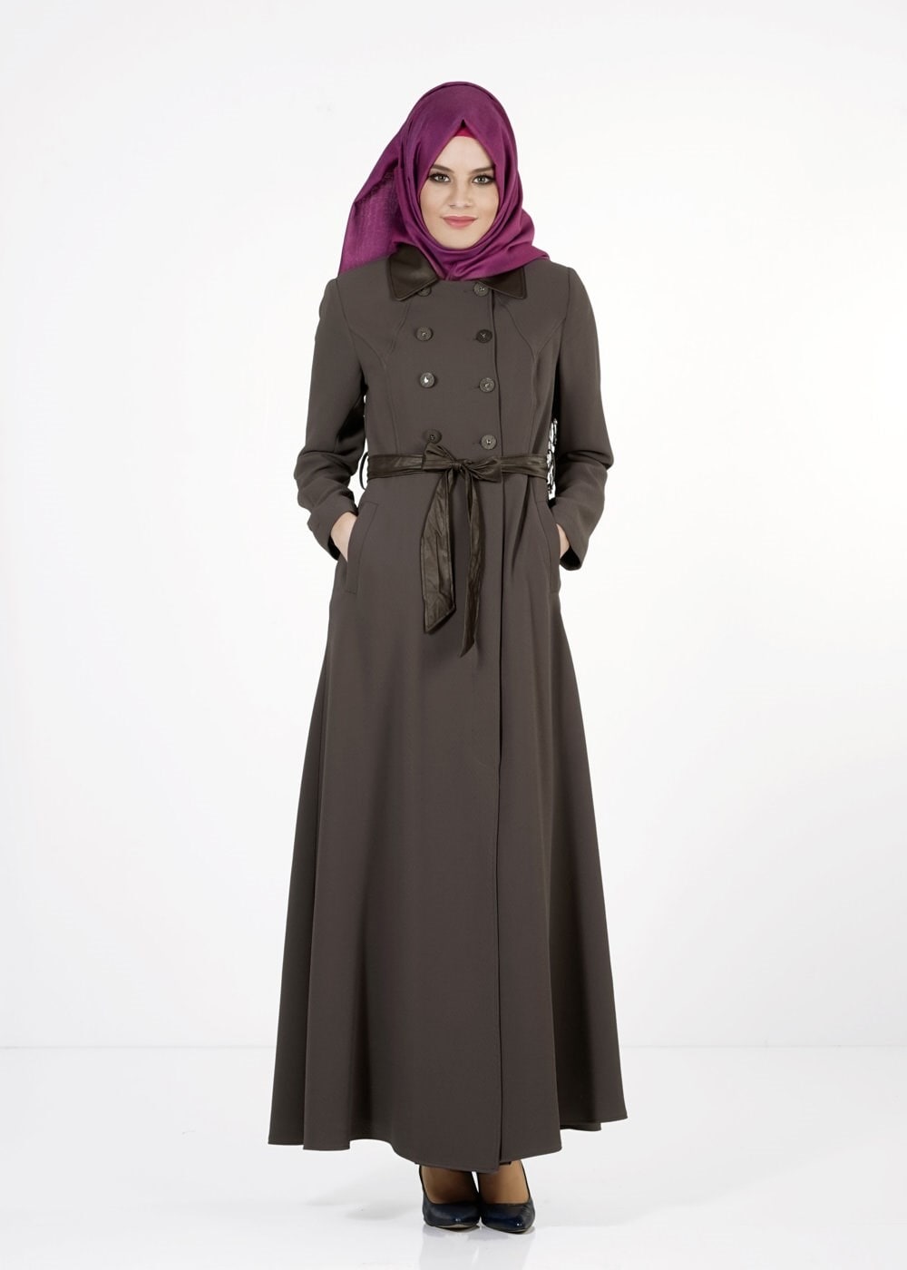 Tesettür giyim VİZON KUŞAKLI DÜĞMELİ PARDESÜ 1667 