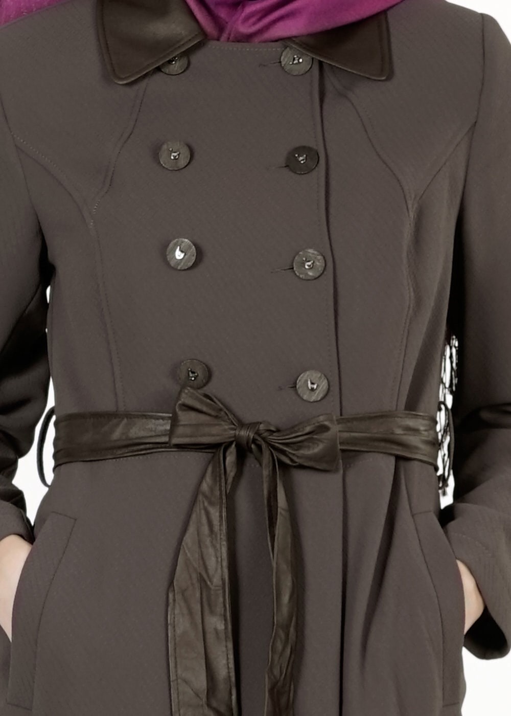 Tesettür giyim VİZON KUŞAKLI DÜĞMELİ PARDESÜ 1667 