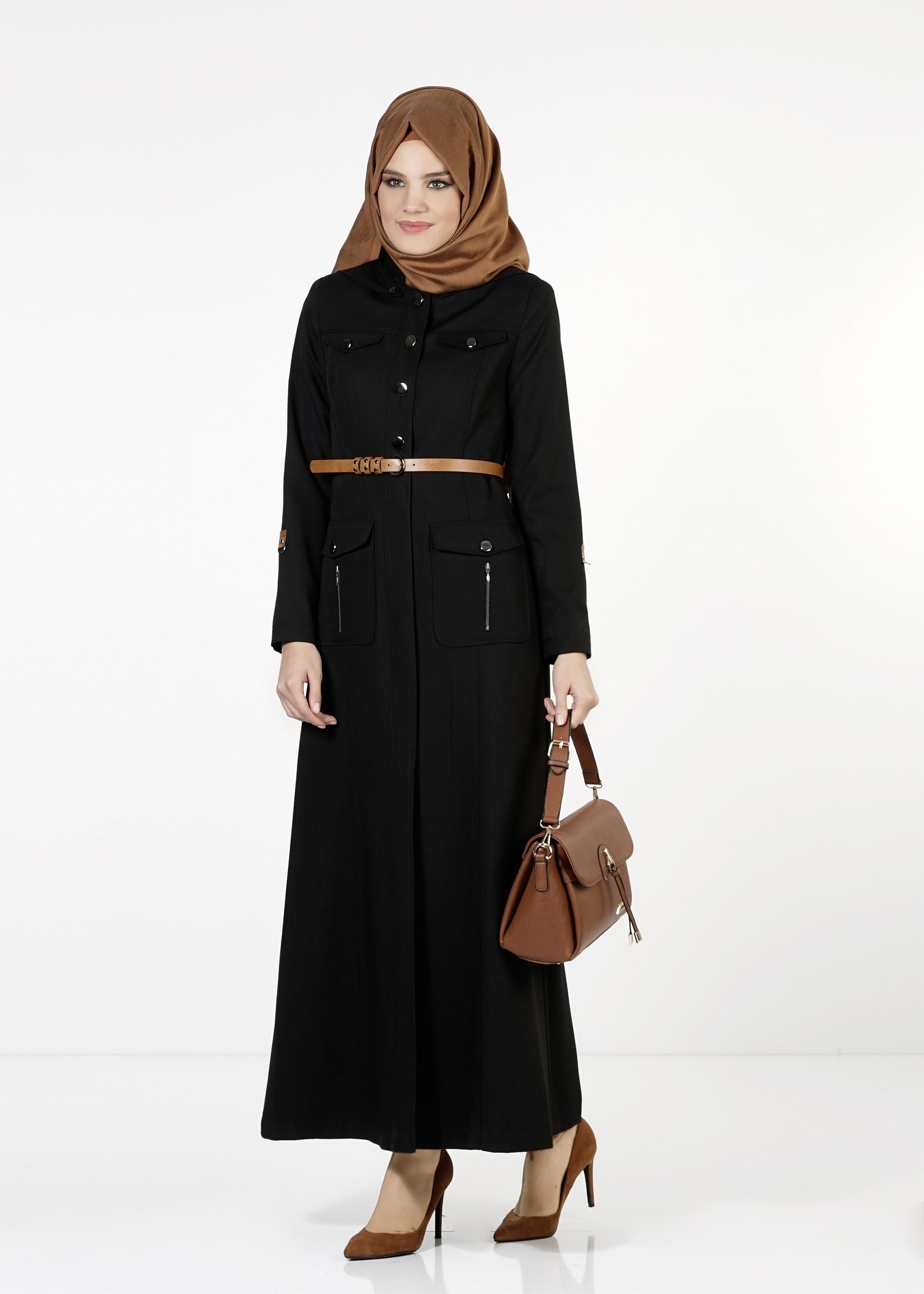 Tesettür giyim SİYAH CEPLİ PARDESÜ 1676