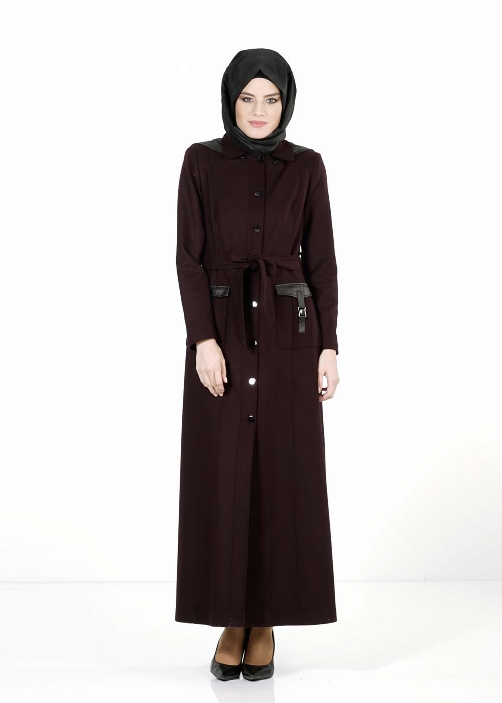 Tesettür giyim BORDO KUŞAKLI KAPÜŞONLU PARDESÜ 1680 