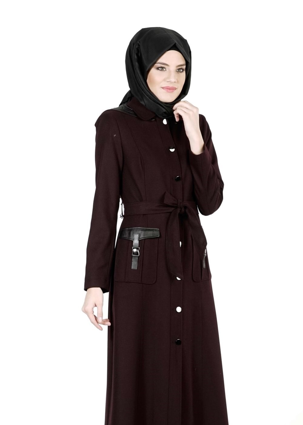 Tesettür giyim BORDO KUŞAKLI KAPÜŞONLU PARDESÜ 1680 