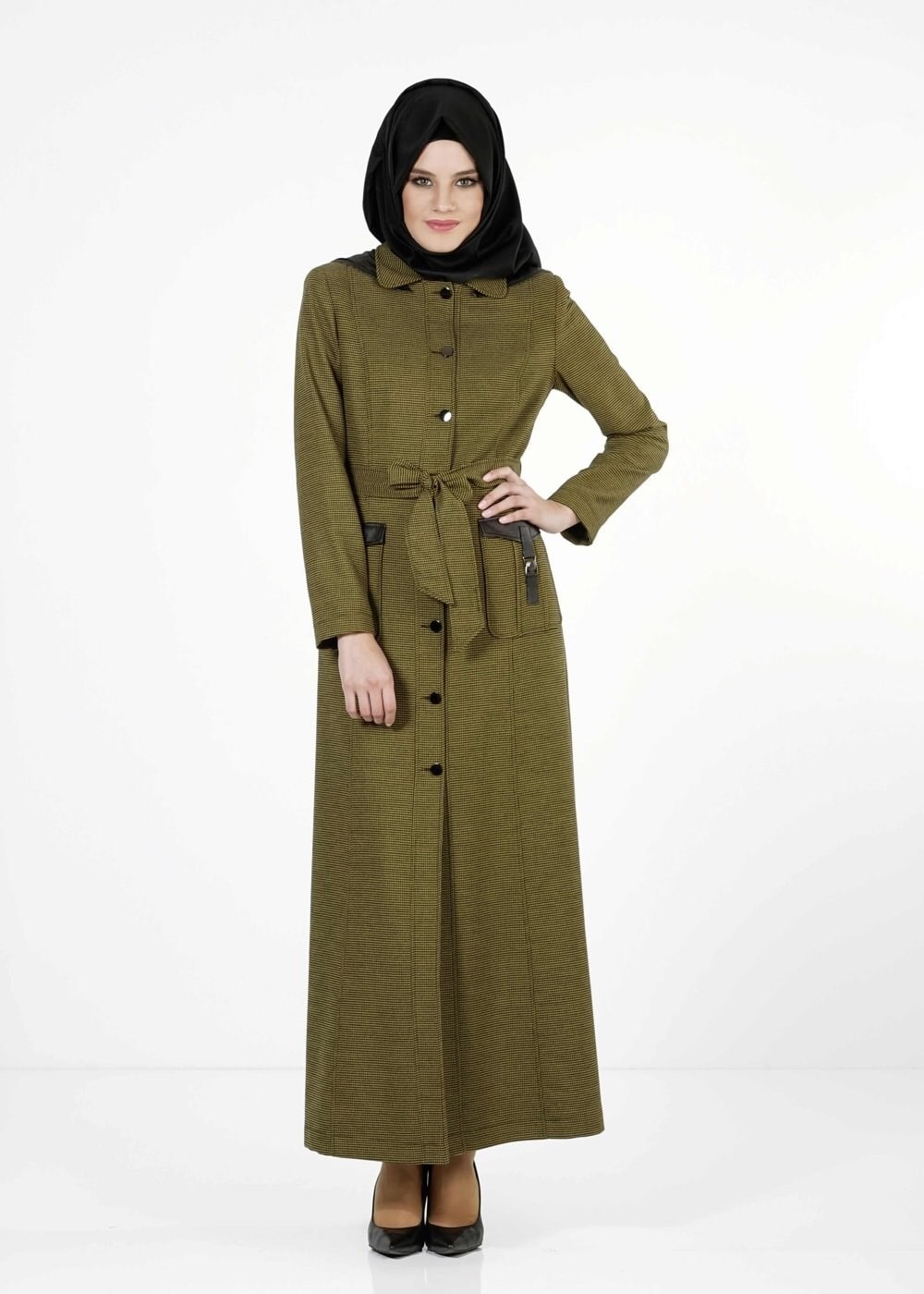 Tesettür giyim YEŞİL KUŞAKLI KAPÜŞONLU PARDESÜ 1680 