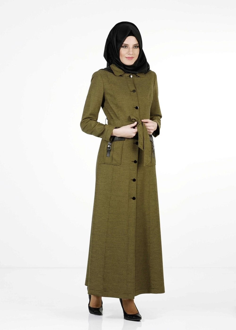 Tesettür giyim YEŞİL KUŞAKLI KAPÜŞONLU PARDESÜ 1680 