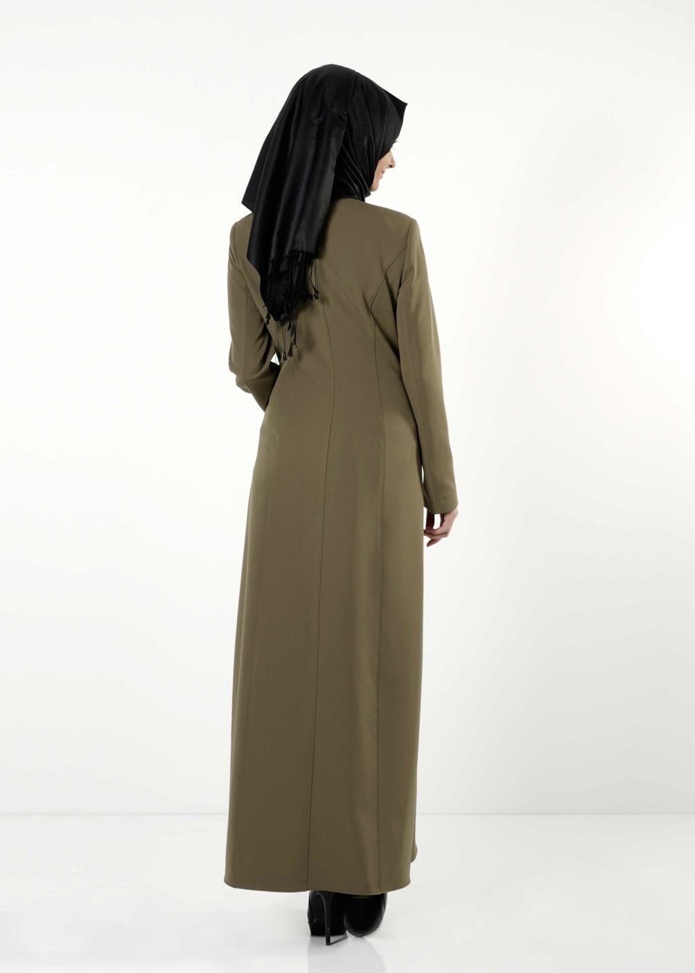 Tesettür giyim HAKİ DERİ DETAYLI FERMUARLI PARDESÜ 1682 