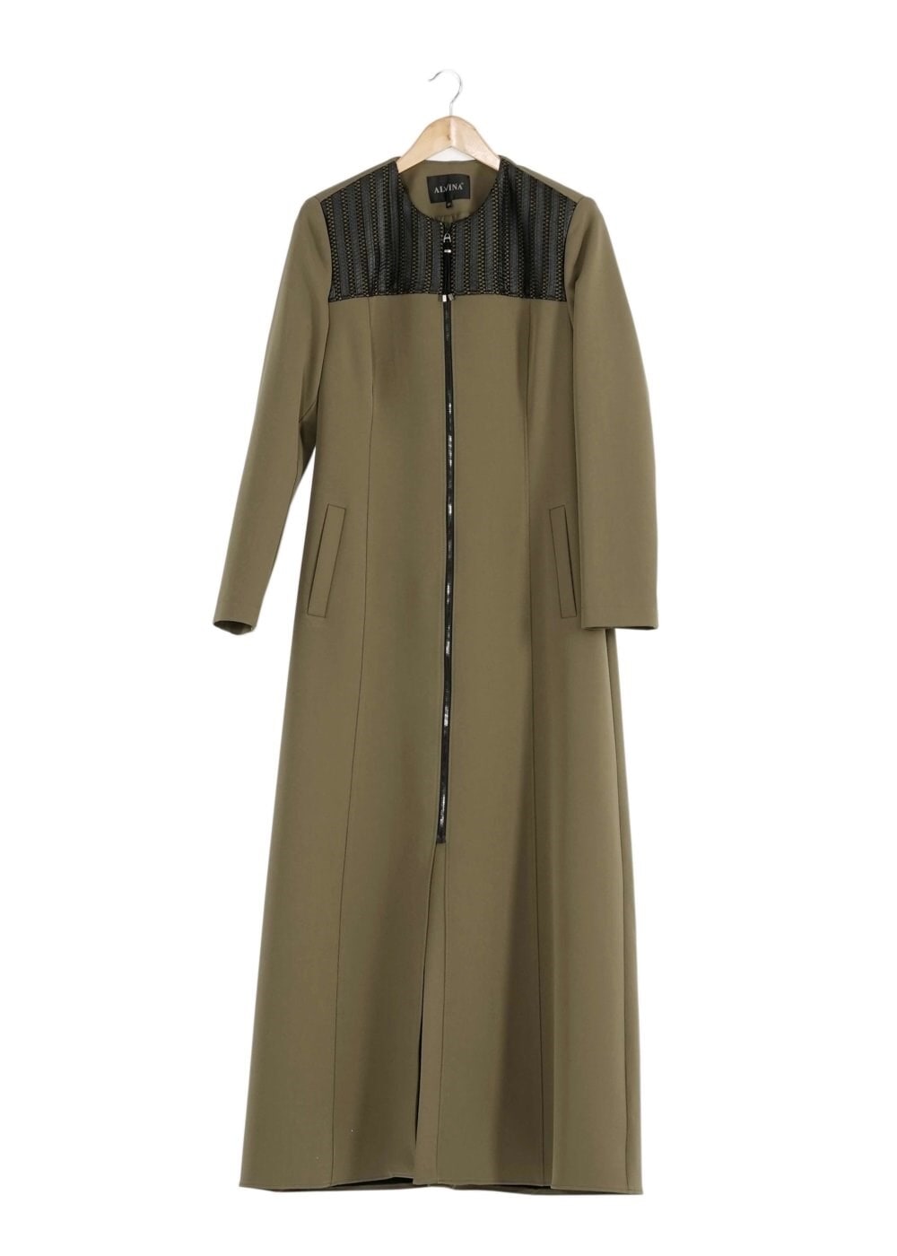 Tesettür giyim HAKİ DERİ DETAYLI FERMUARLI PARDESÜ 1682 