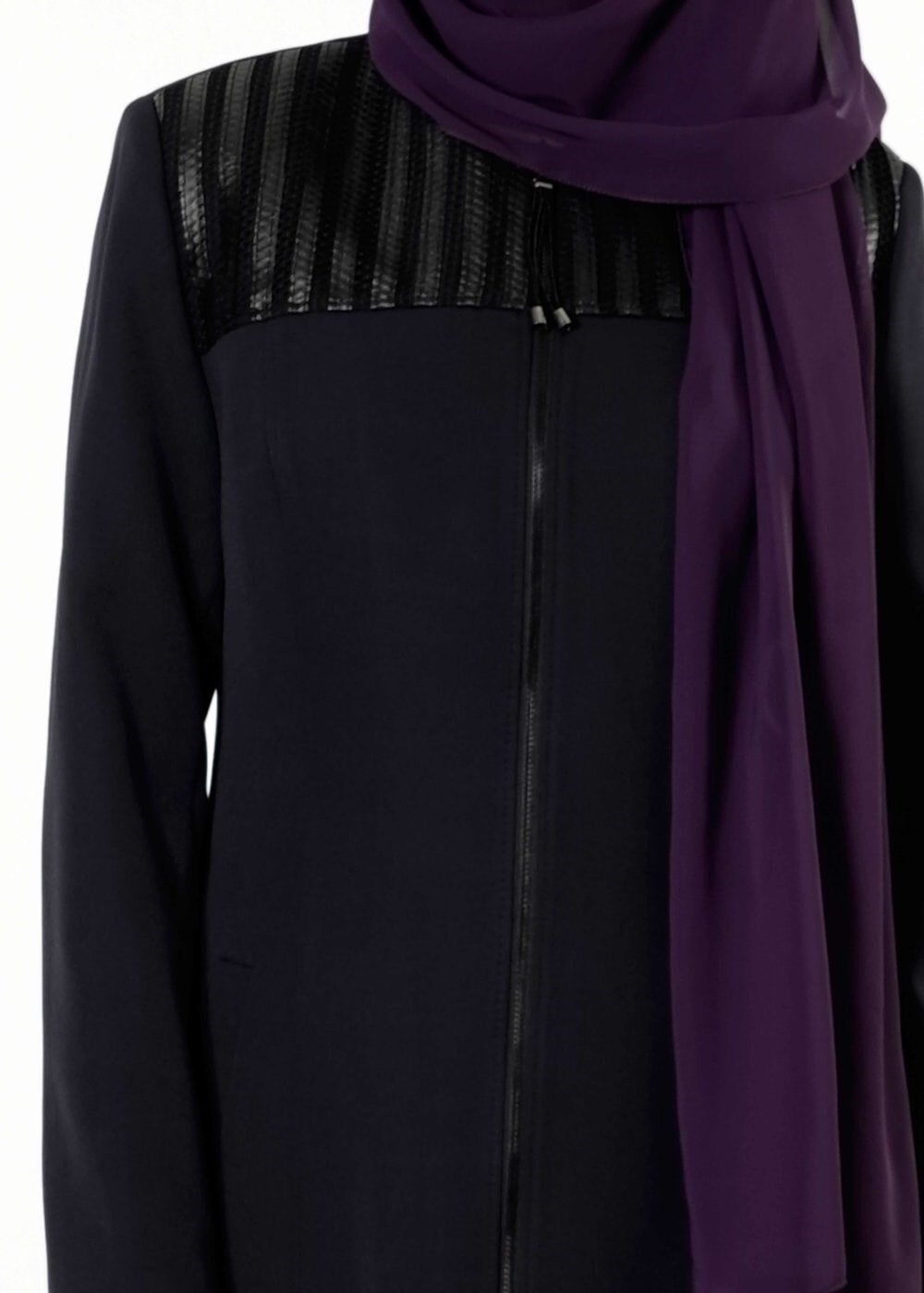 Tesettür giyim LACİVERT DERİ DETAYLI FERMUARLI PARDESÜ 1682 