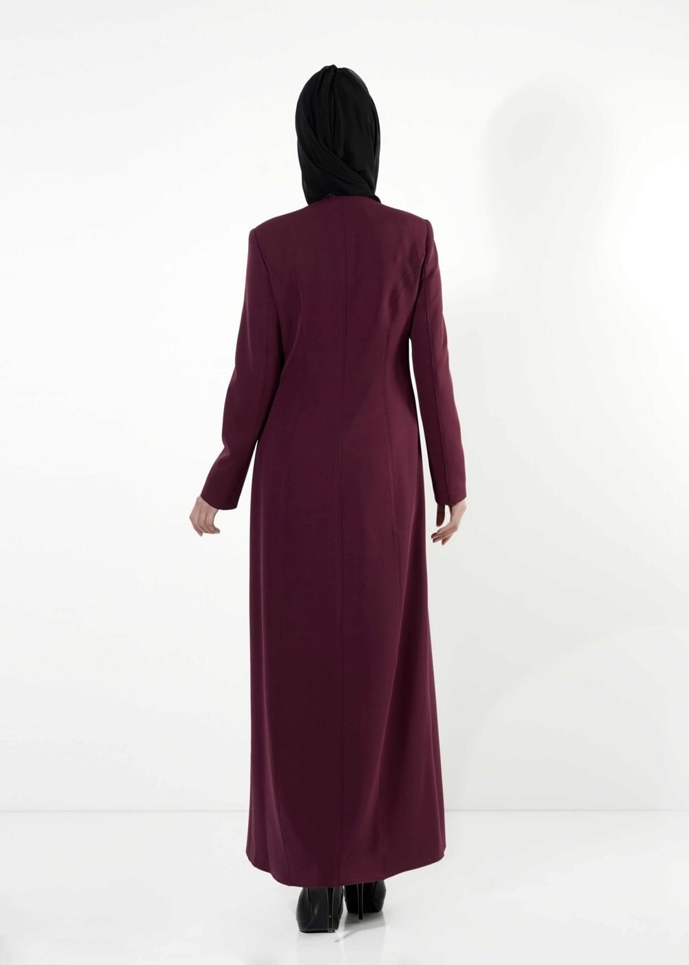 Tesettür giyim BORDO DERİ DETAYLI FERMUARLI PARDESÜ 1682 