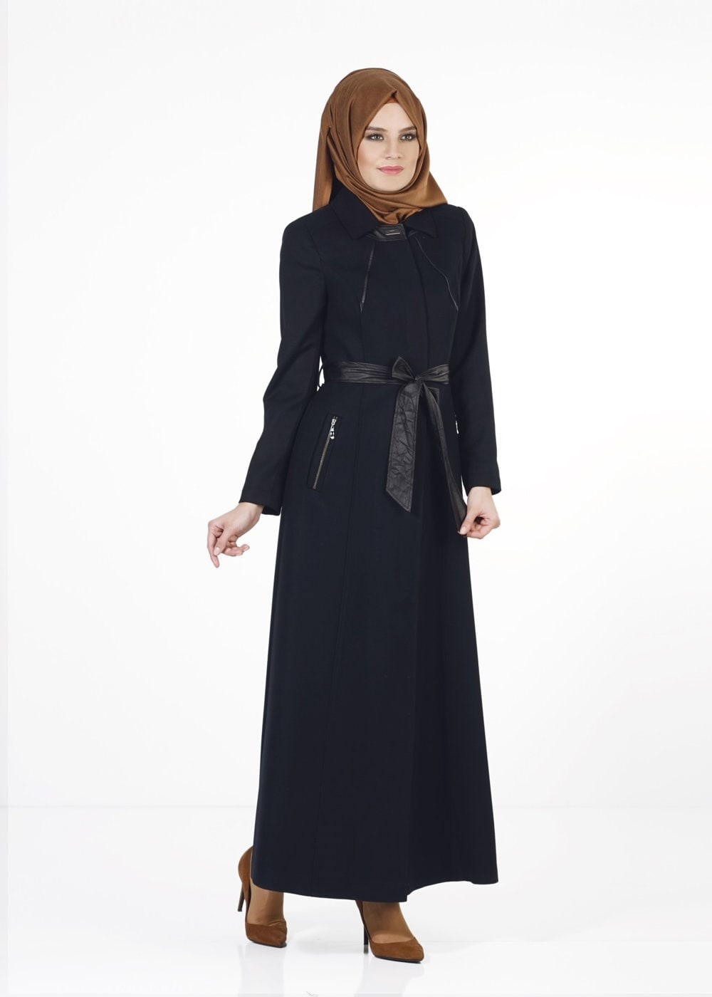 Tesettür giyim LACİVERT DERİ KUŞAKLI PARDESÜ 1684
