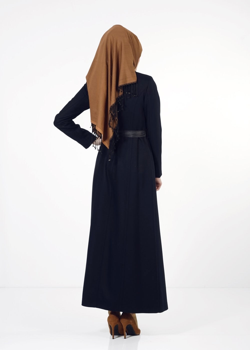 Tesettür giyim LACİVERT DERİ KUŞAKLI PARDESÜ 1684