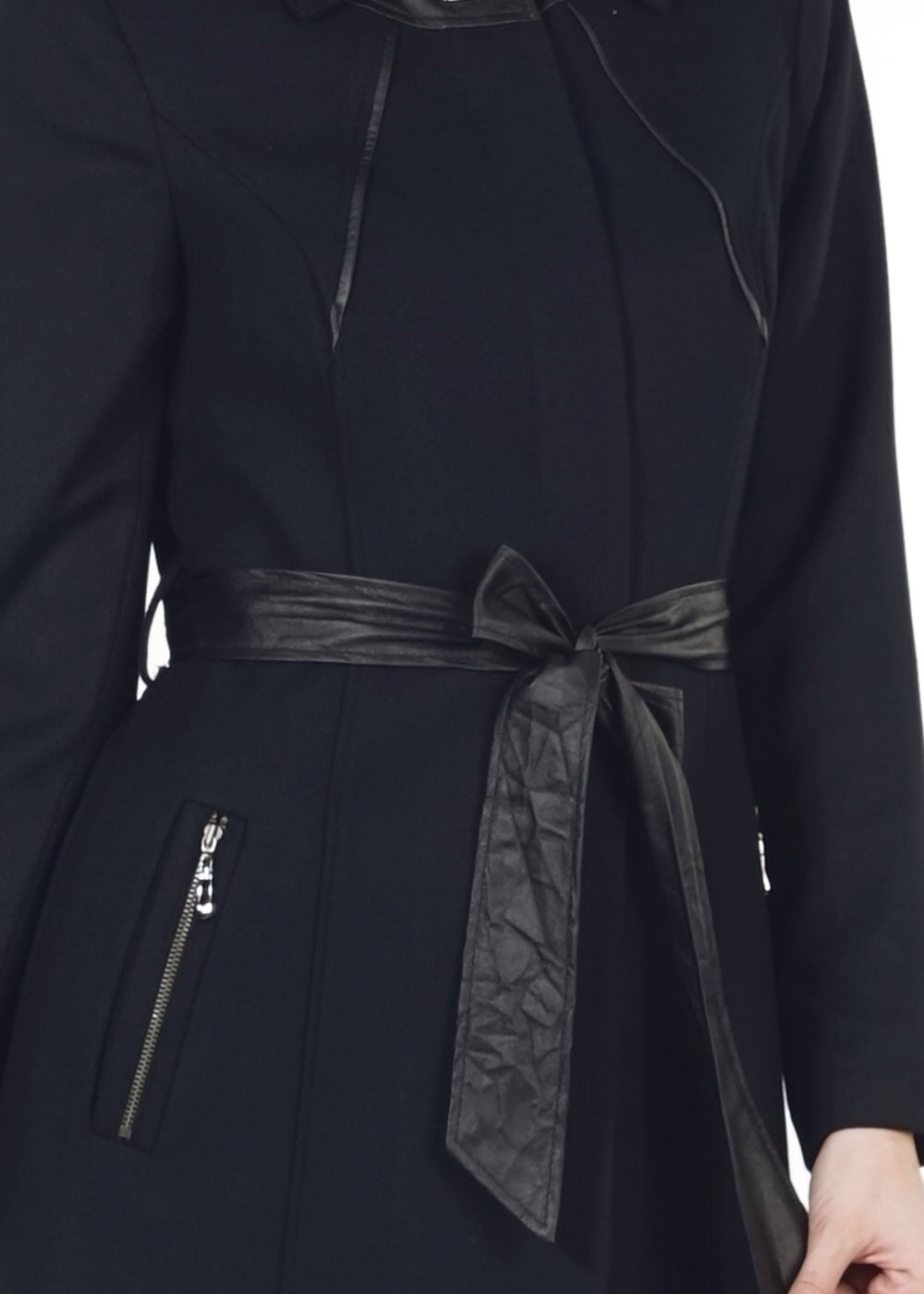 Tesettür giyim LACİVERT DERİ KUŞAKLI PARDESÜ 1684