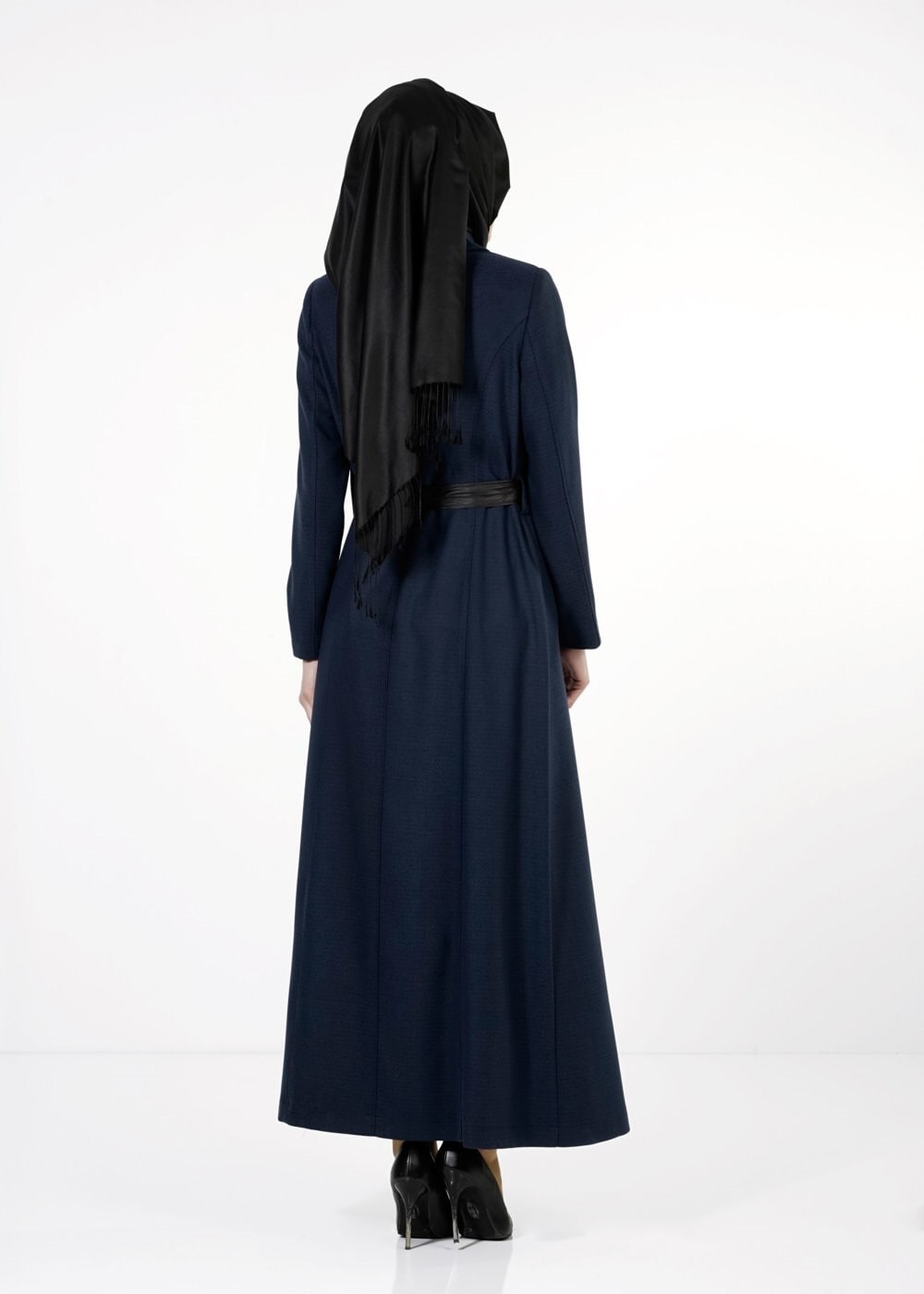 Tesettür giyim LACİVERT DERİ KUŞAKLI PARDESÜ 1684