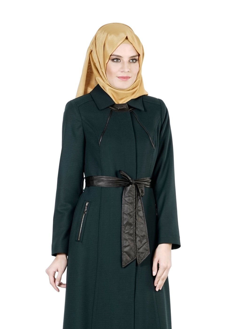 Tesettür giyim YEŞİL DERİ KUŞAKLI PARDESÜ 1684